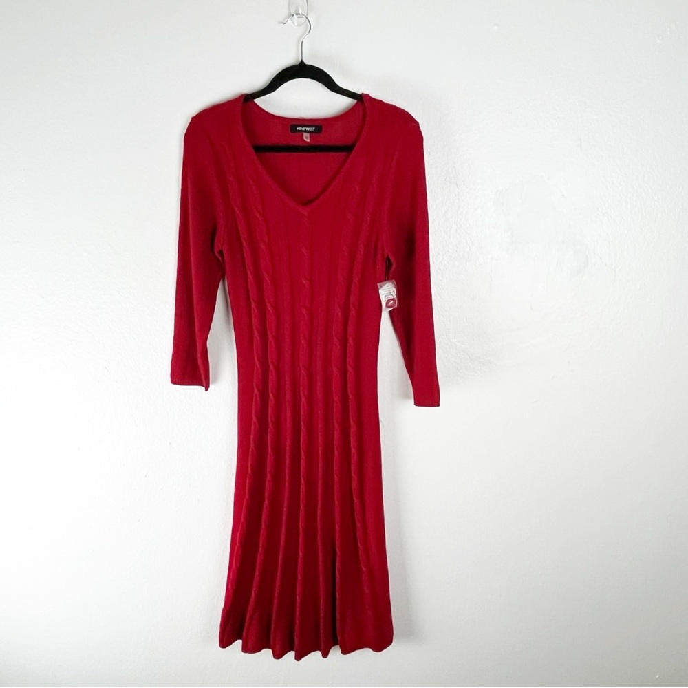 NINE WEST Red 3/4 Sleeves V-Neck Cable Knit Pleated Sweater Dress Size Large